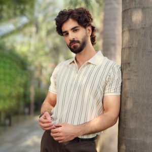 Richman Cream Color Classy Zip-Neck Polo T-shirt