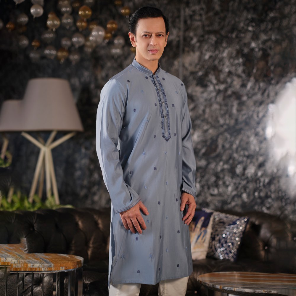 LUBNAN Men’s Ash Color Regular Fit Premium Panjabi